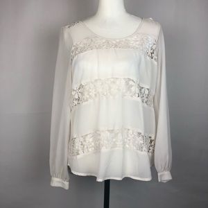 ♧J Roberts Prairie White Sheer Blouse W/Crochet Size Small